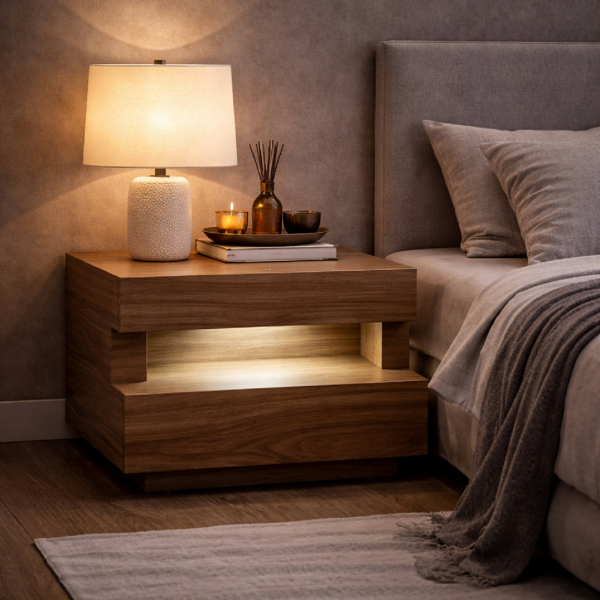 C-Shaped Brown LED Nightstand – Esso – angled view