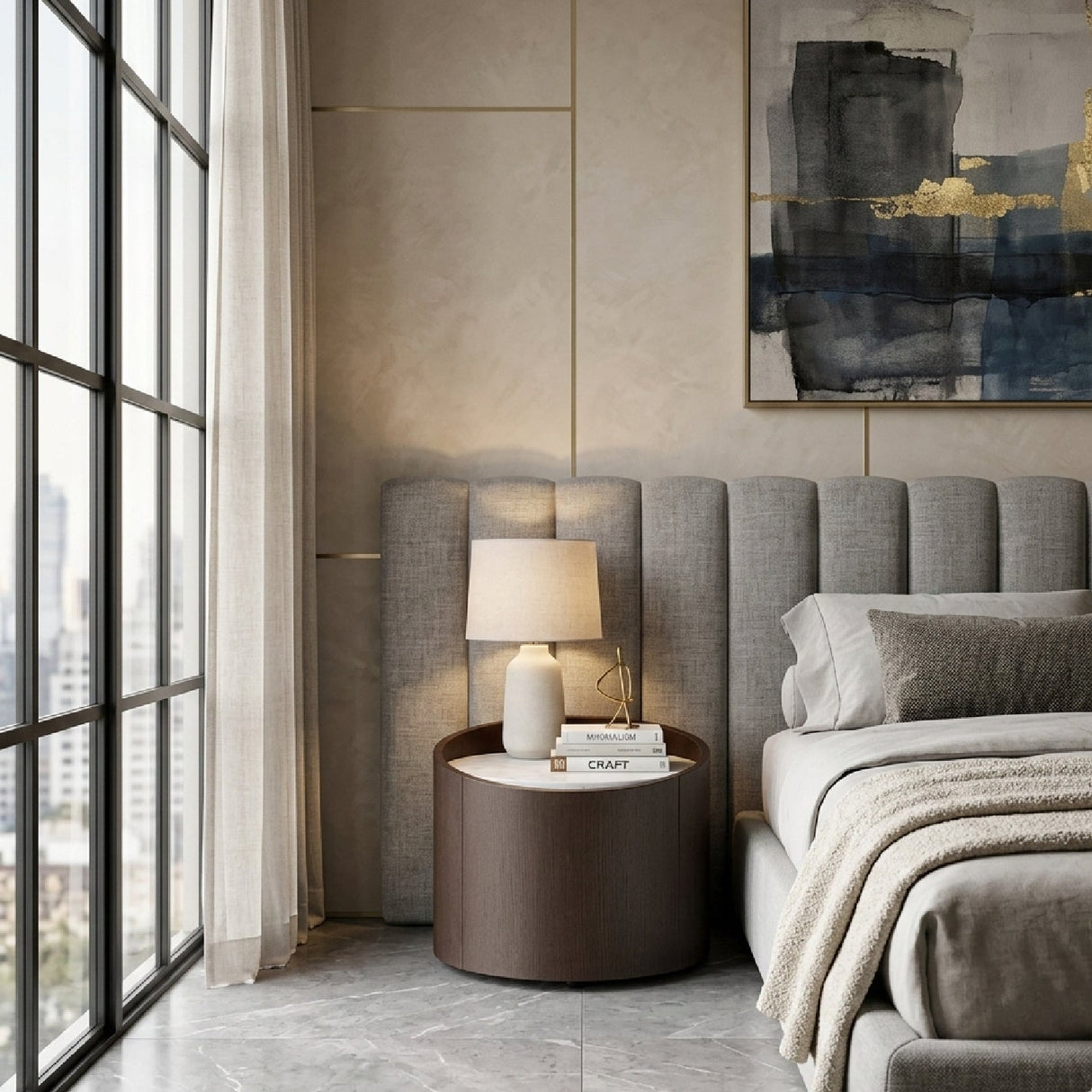 Round Brown Oak Nightstand – Geneva – angled view