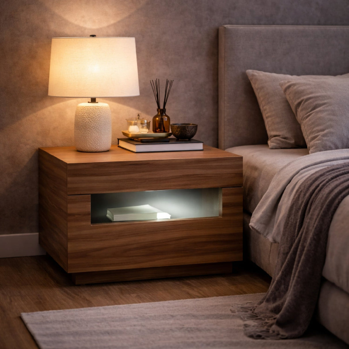 Walnut 2-Drawer LED Nightstand – Ceres – angled view