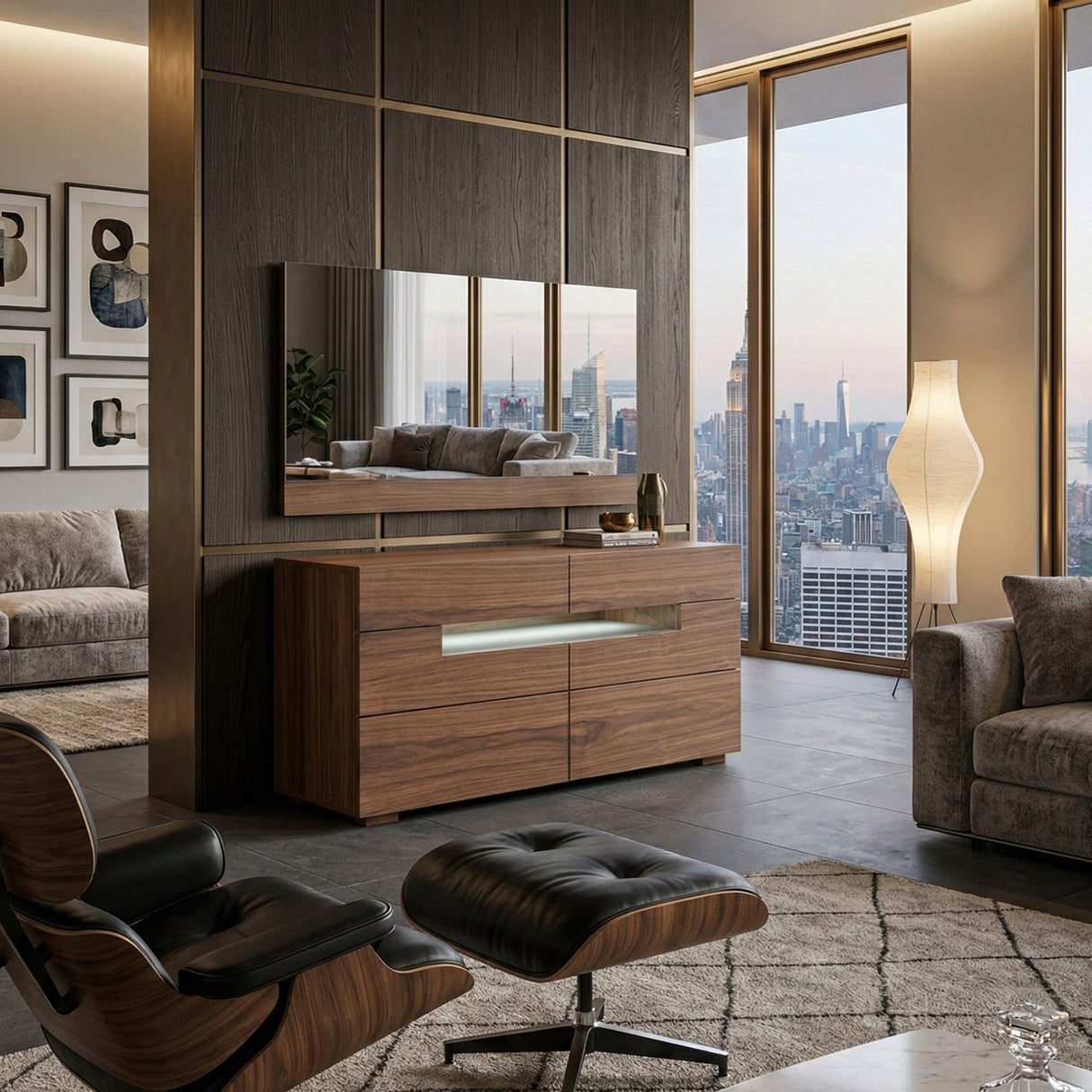 Walnut 6-Drawer LED Dresser – Ceres – angled view