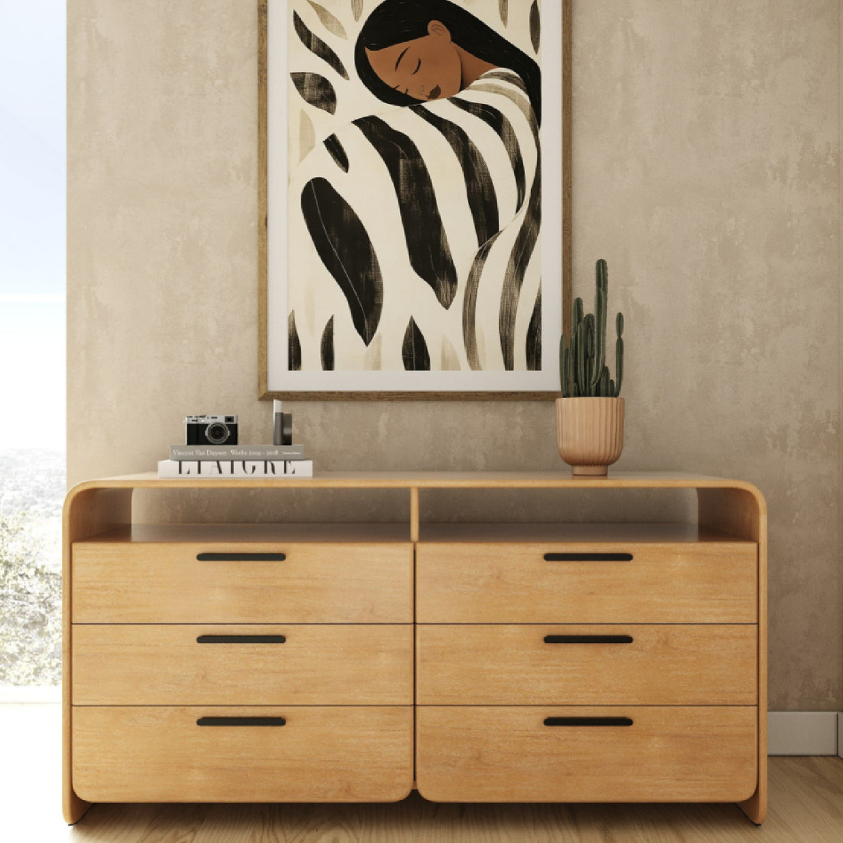 Natural Acacia 6-Drawer Dresser – Dresden – angled view