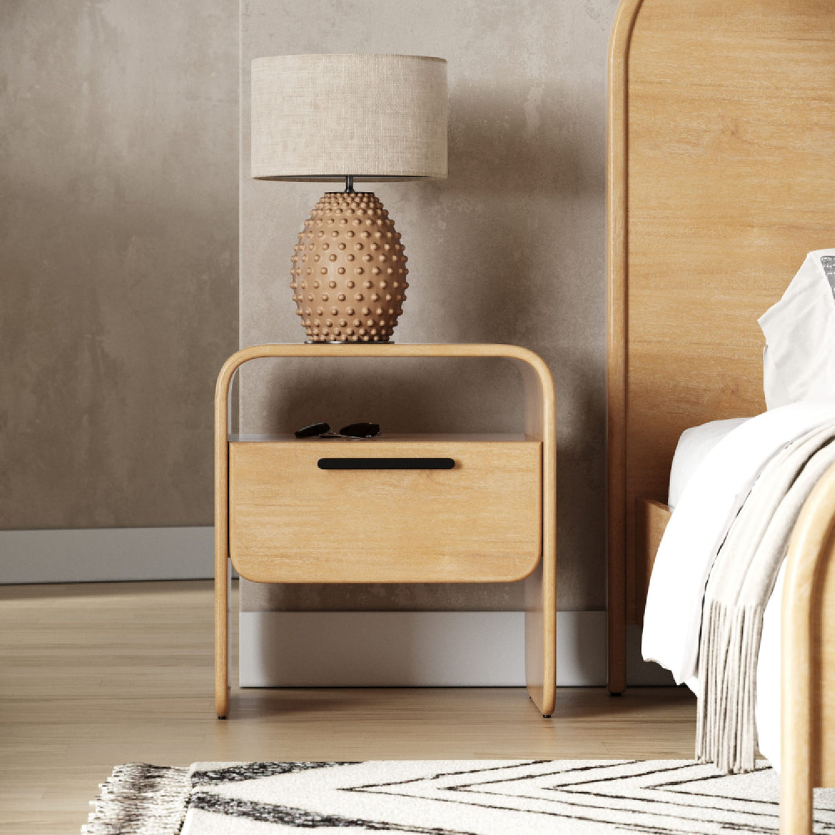 Natural Acacia Nightstand – Dresden – angled view