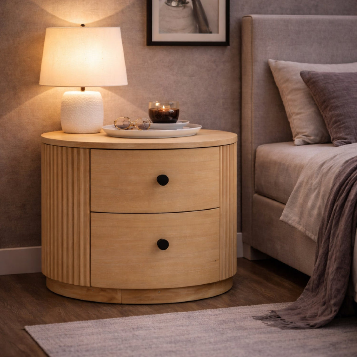Ribbed Natural Acacia 2-Drawer Nightstand – Jacobson – angled view