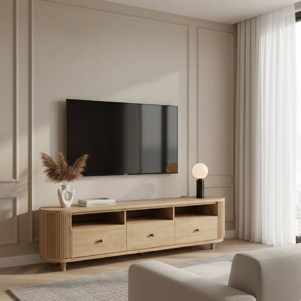 3-Drawer Natural Acacia TV Stand – Jacobson – angled view