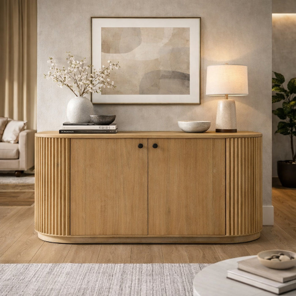 Ribbed Natural Acacia 2-Door Sideboard – Jacobson – angled view
