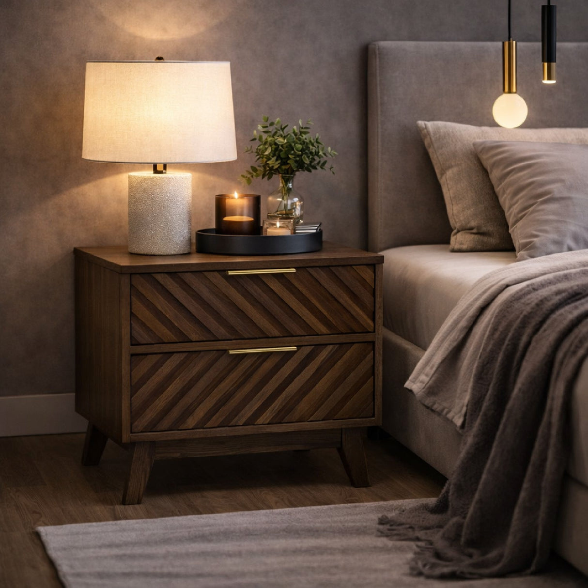 Acacia Chevron 2-Drawer Nightstand – Daisy – angled view