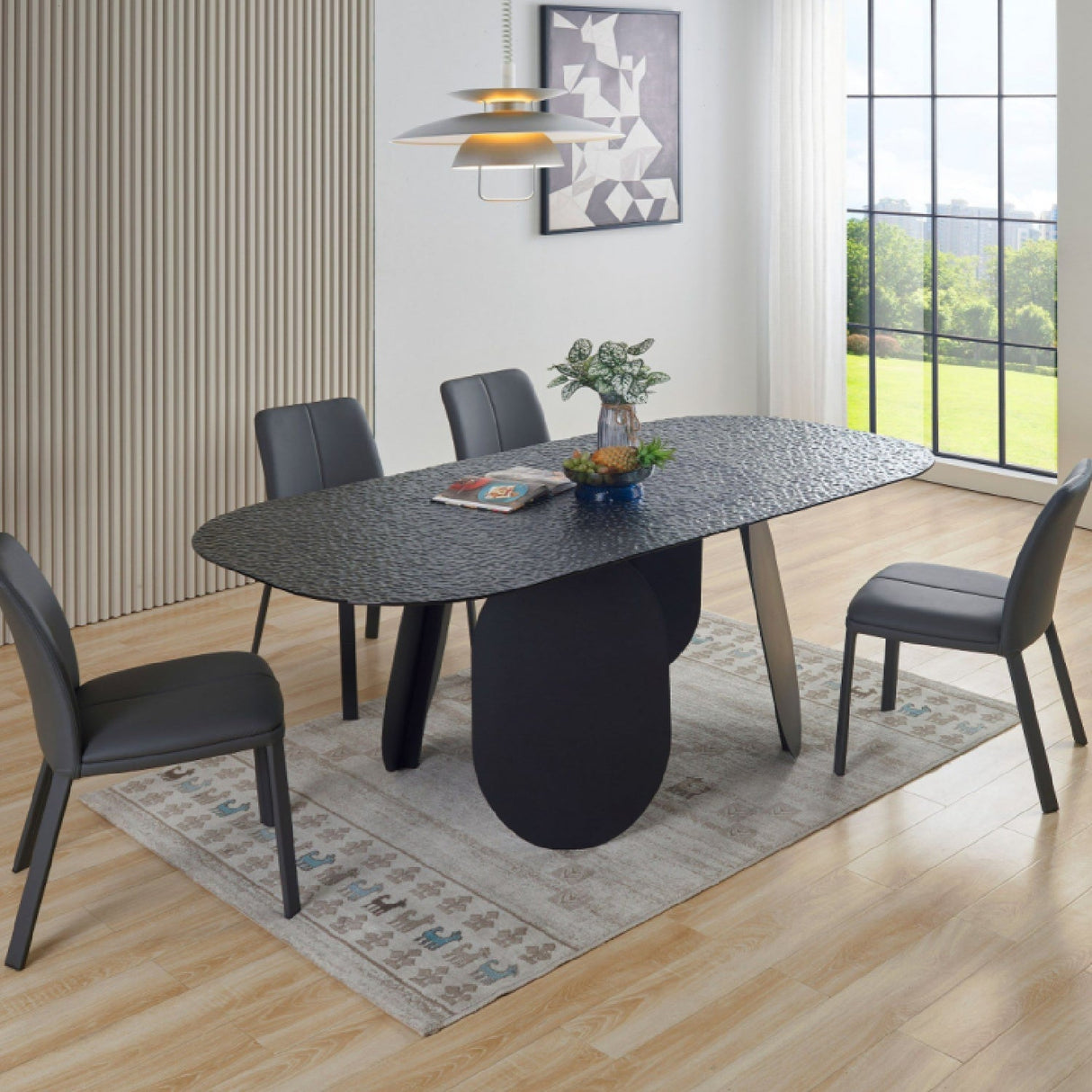 Hammered Gray Glass Dining Table – Maxine – angled view