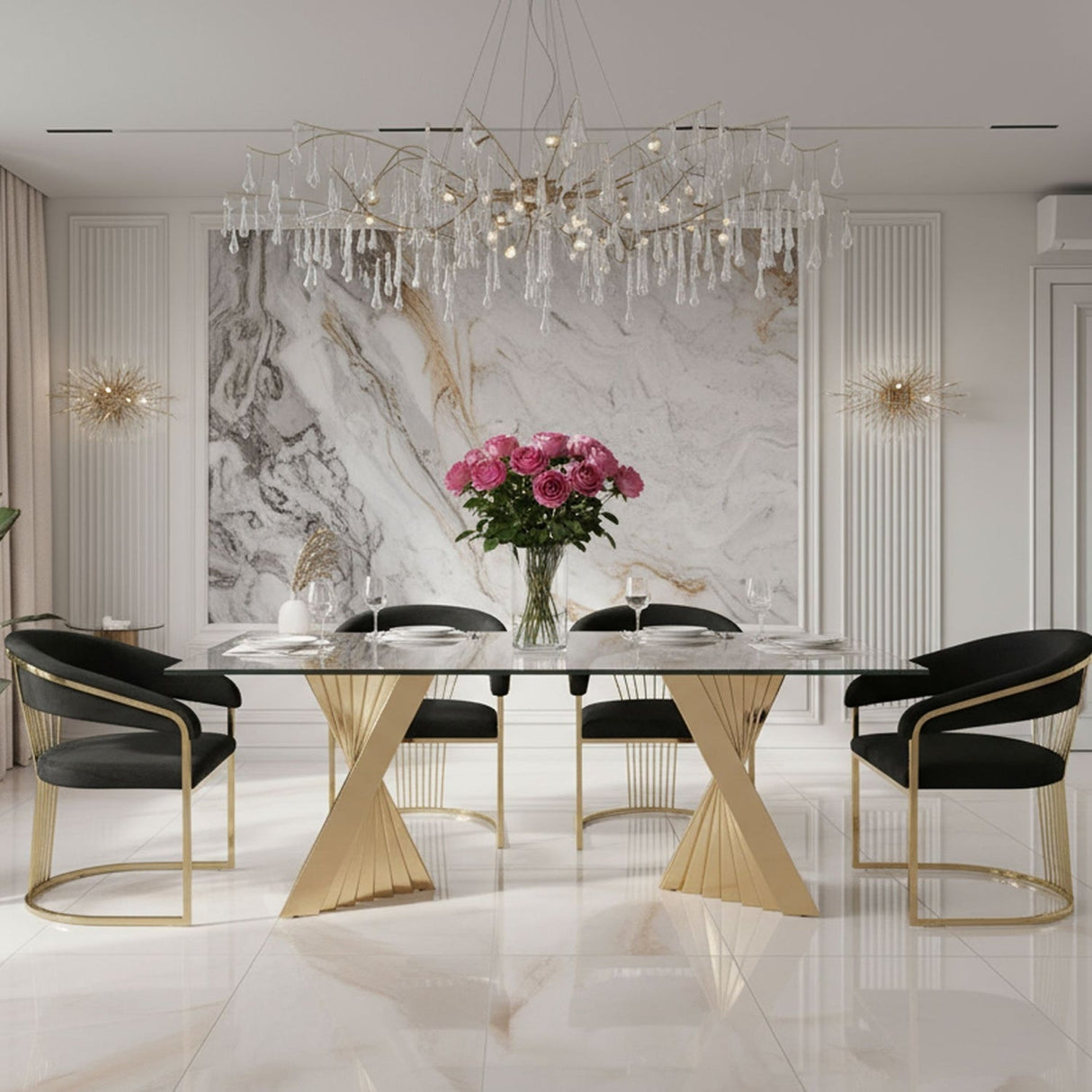 Gold Base Glass Dining Table – Buquet – angled view