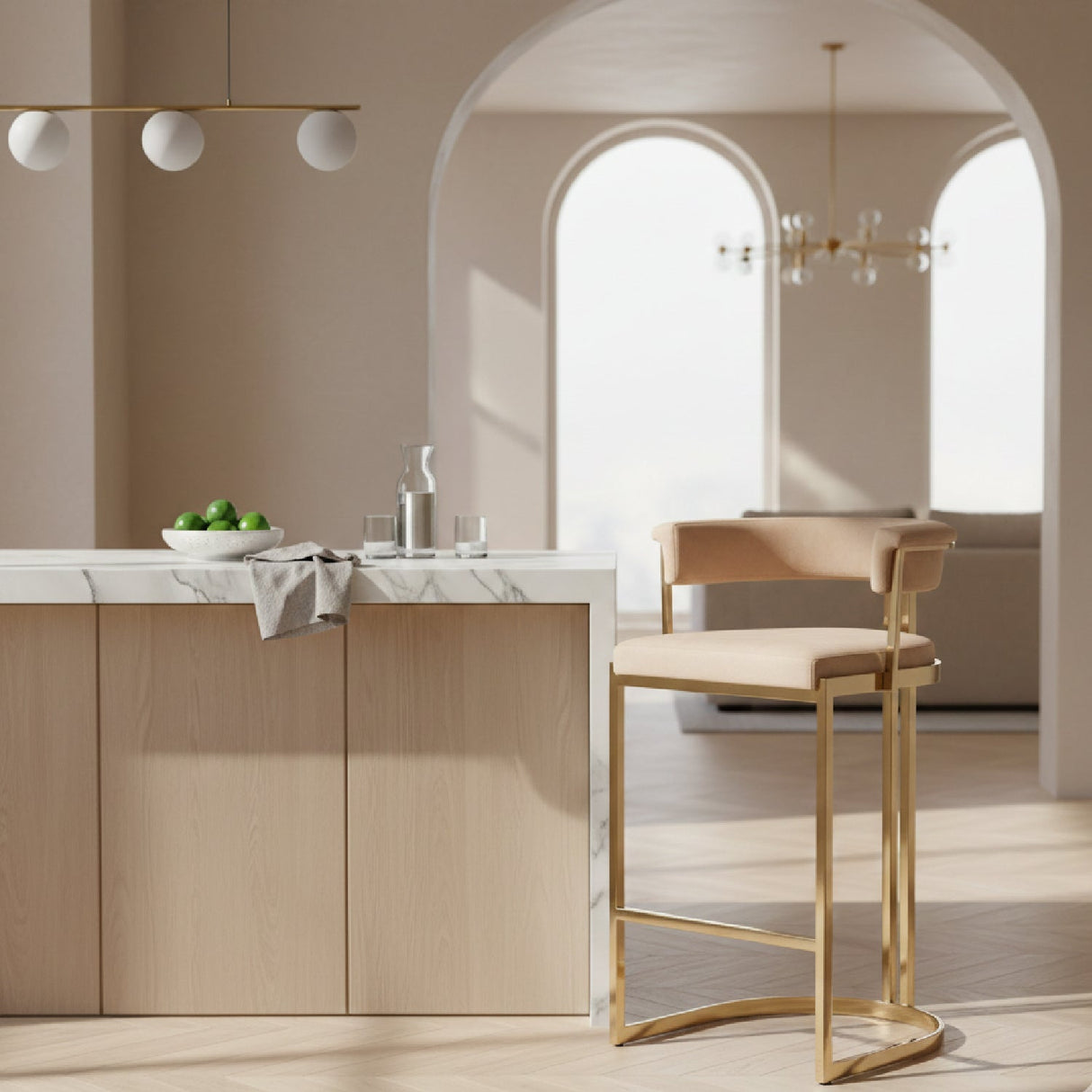 Beige Velvet Counter Stool – Munith – angled view