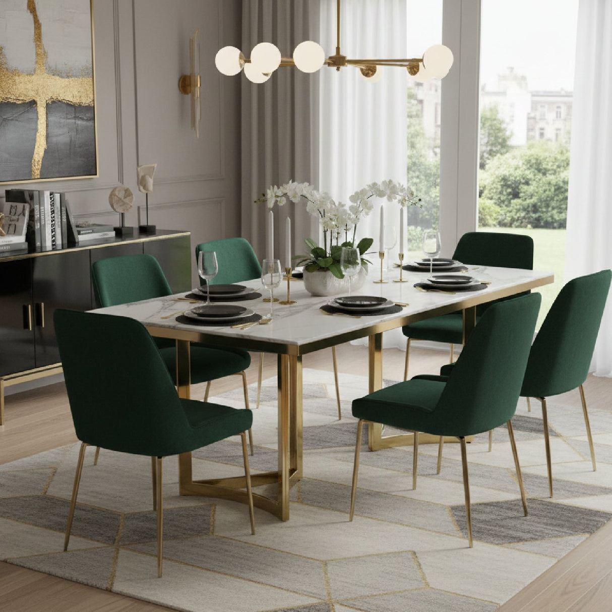 White Marble Top Dining Table – Loomis – angled view