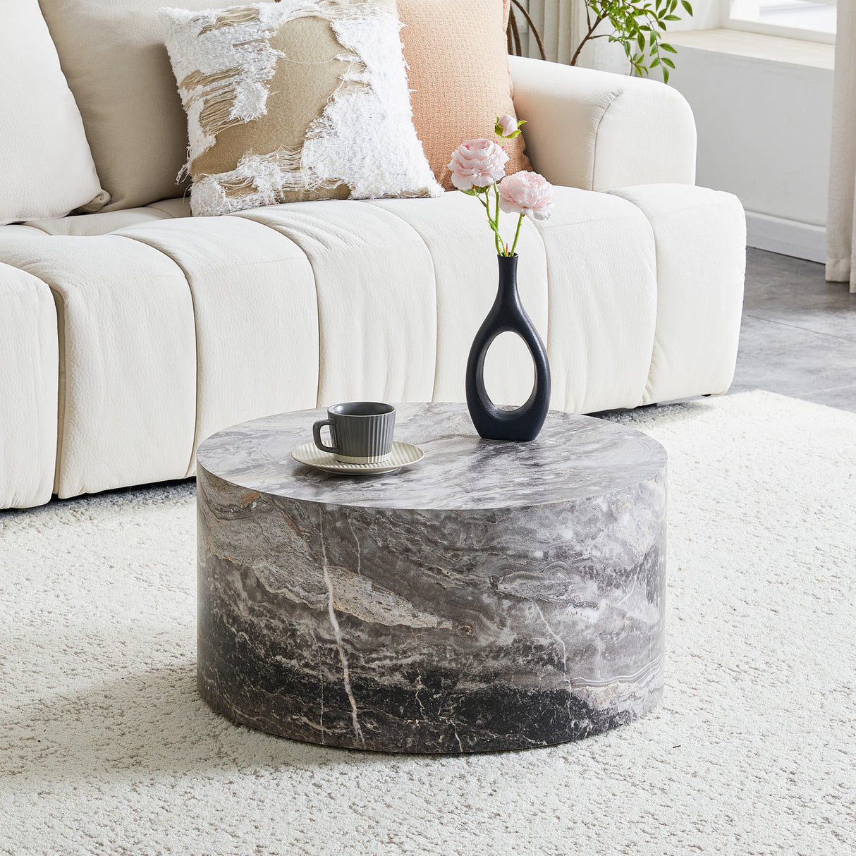Minimalist Gray Round Marble Coffee Table | OROA