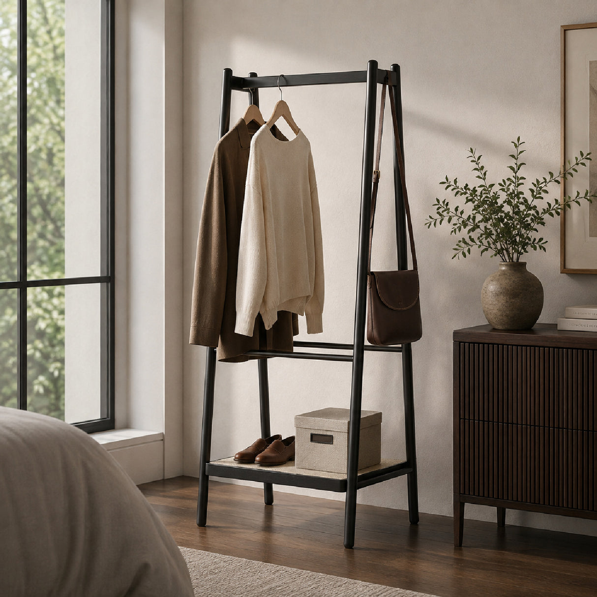 Black Oak Wood Cloth Hanger Rack | OROA