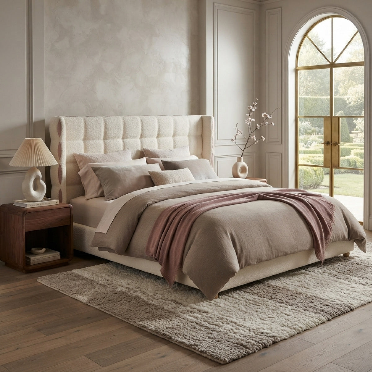 Chenille Wingback Upholstered King Bed Frame | OROA