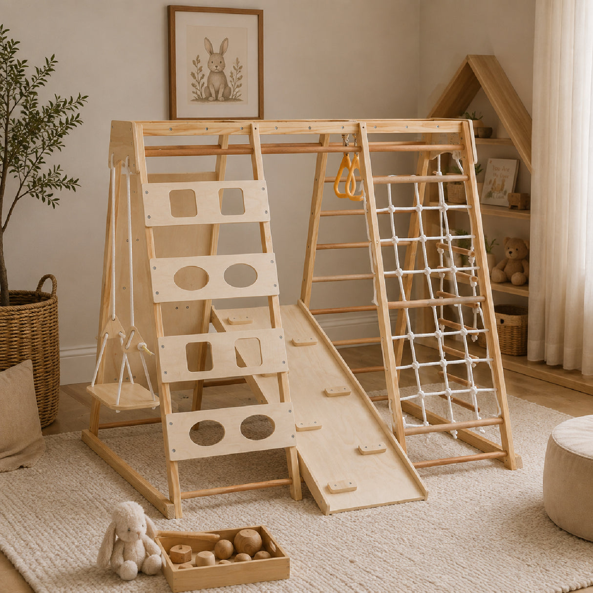 9-in-1 Slide and Climbing Wall Wooden Play Structure | OROA Kids