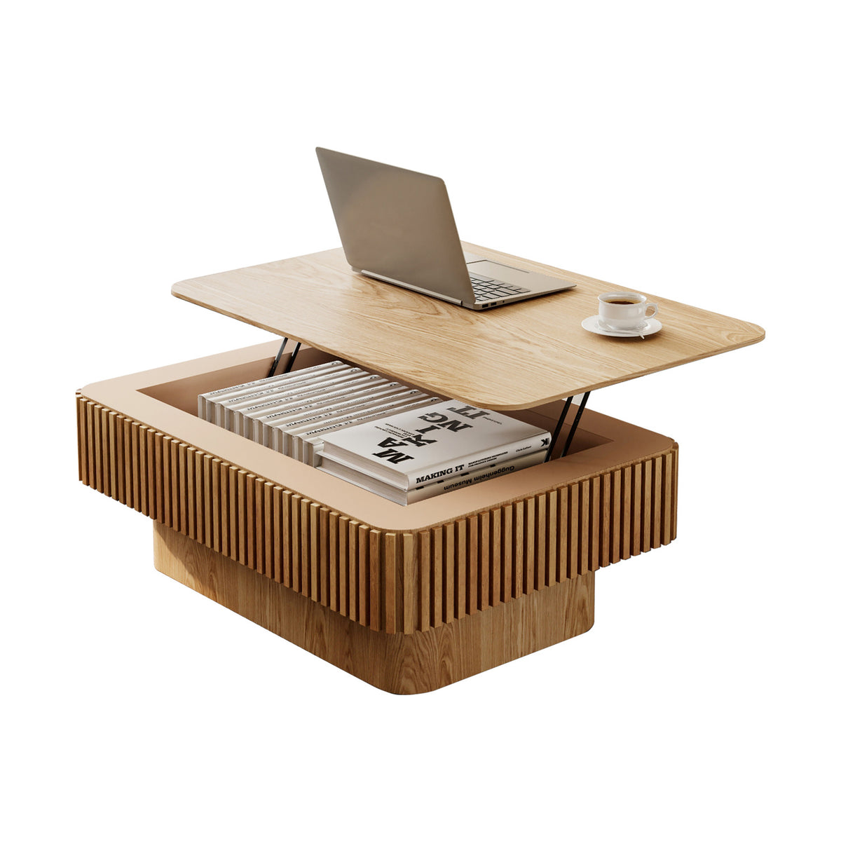 Fluted Natural Wood Lift-Top Coffee Table | OROA