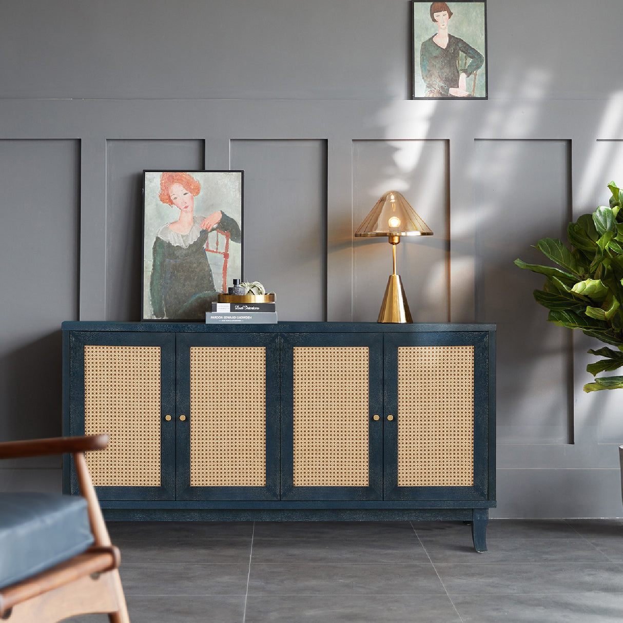 Blue Rattan 4-Door Storage Sideboard Cabinet | OROA