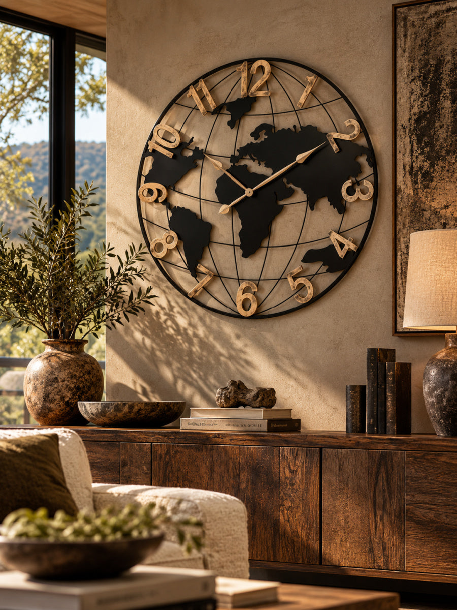 Modern European furniture - Modern Black Metal World Map Wall Clock - www.oroa.com