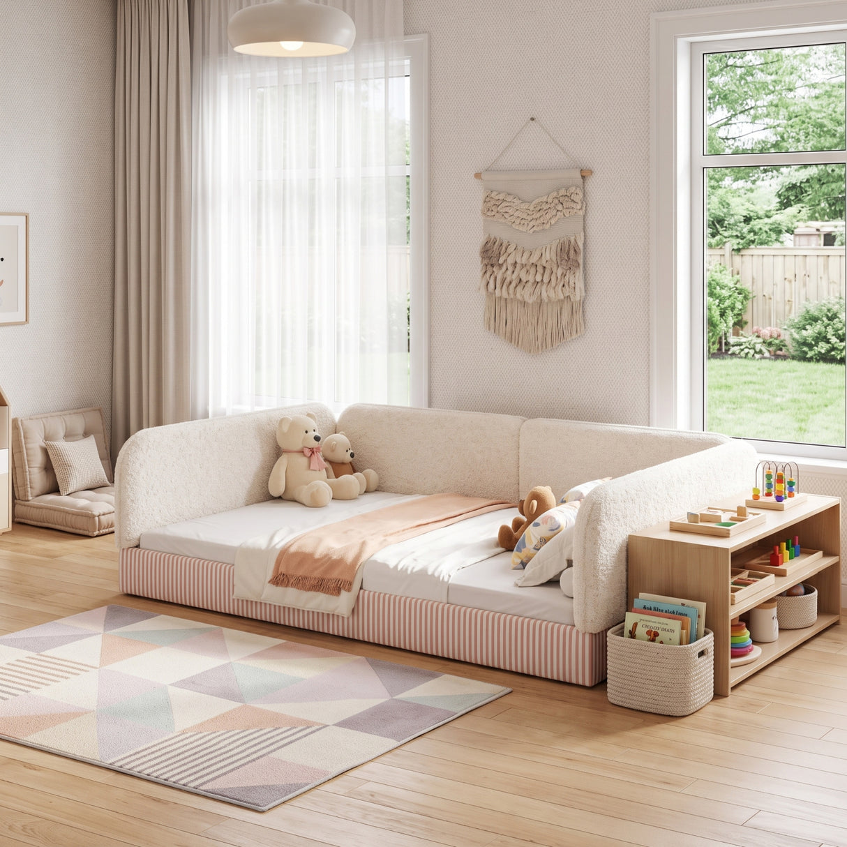 Queen Upholstered Montessori Floor Bed with Guardrails | OROA Kids