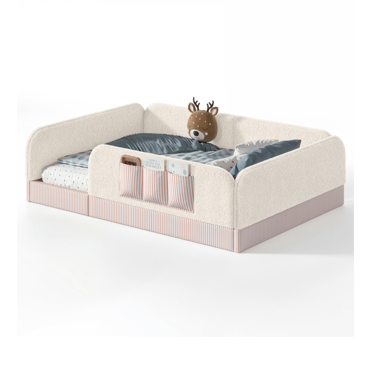 Queen Size Kids Soft Upholstered Beige Floor Bed | OROA Kids