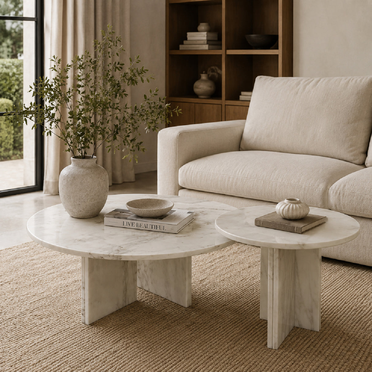 White Semi-Polished Marble Round Nesting Table Set (2) | OROA