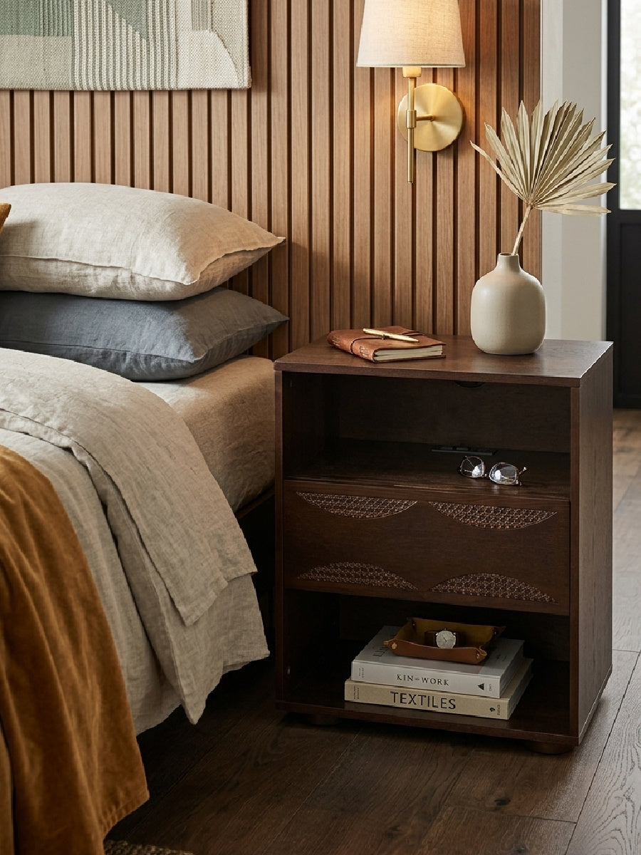 Walnut Rattan Nightstand | OROA
