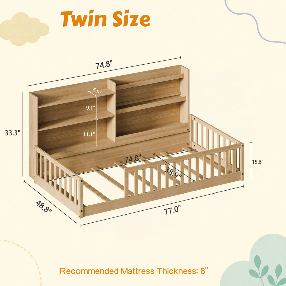 Twin Floor Bed with Bookshelf | OROA Kids
