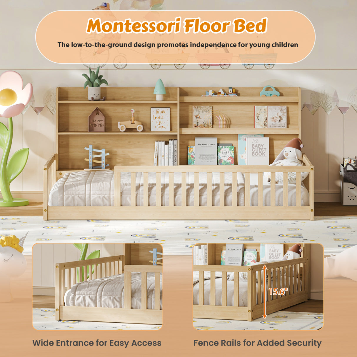 Twin Floor Bed with Bookshelf | OROA Kids