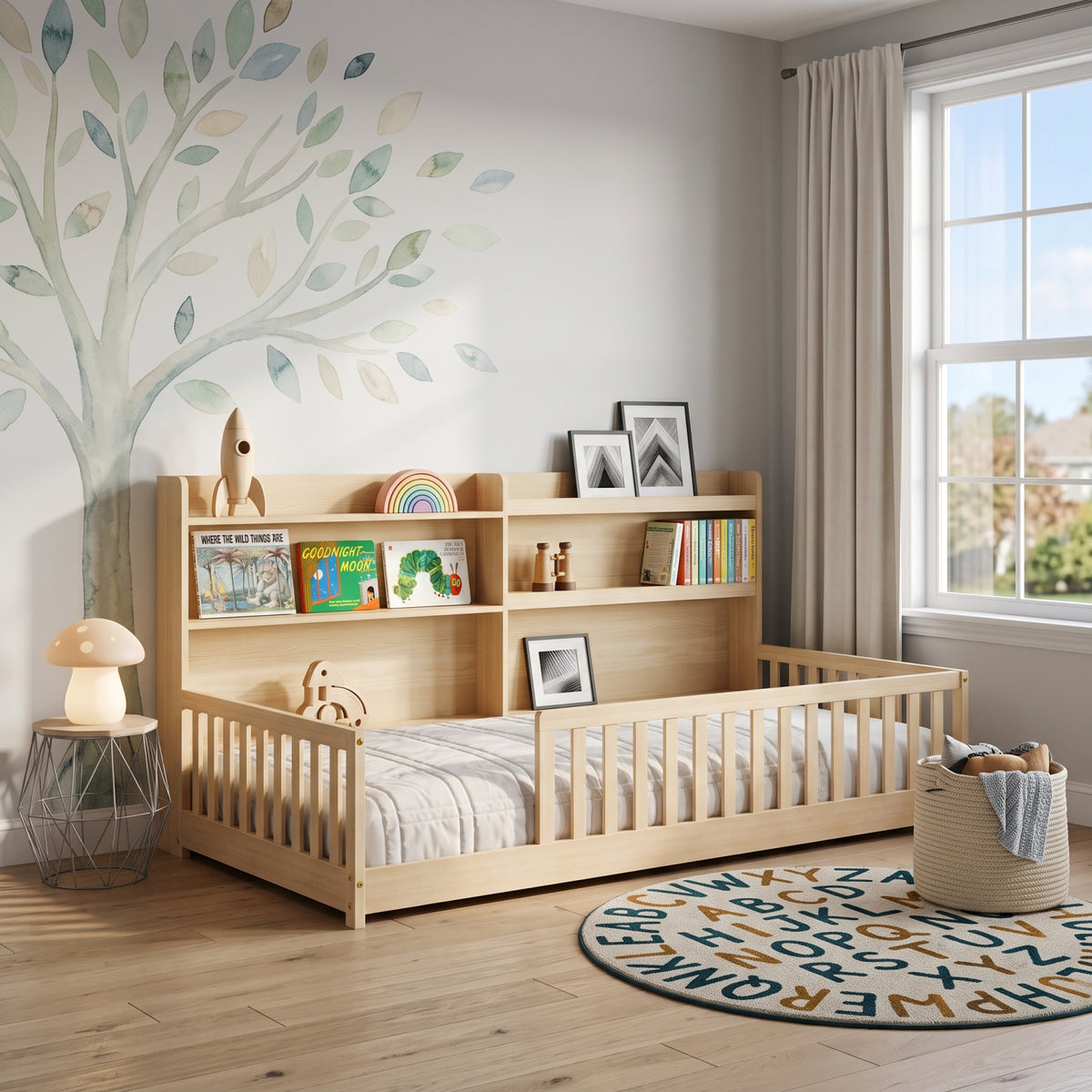 Twin Floor Bed with Bookshelf | OROA Kids