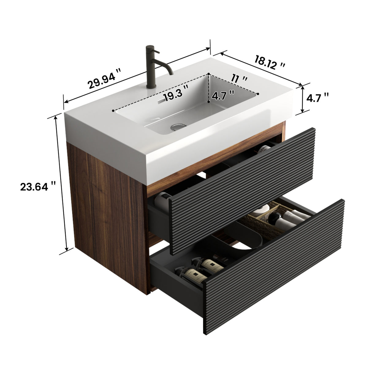 Black Wall-Mounted Bathroom Vanity with White Sink | OROA