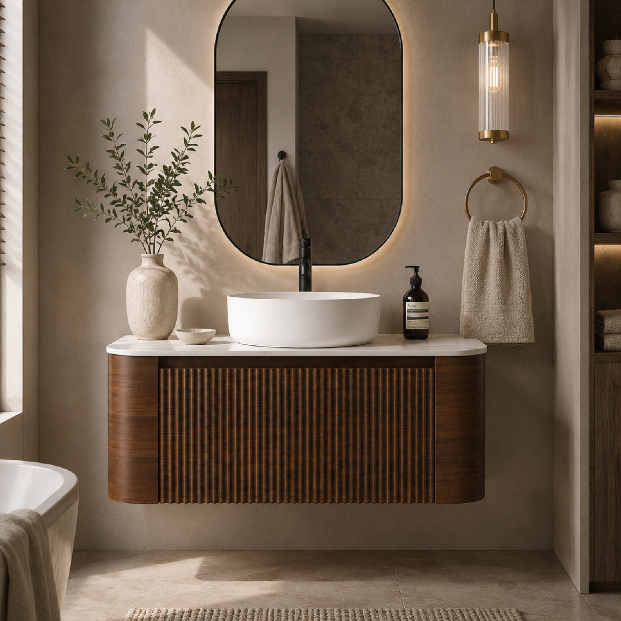 Modern European furniture - Modern Walnut Wall Bathroom Vanity with Sink - www.oroa.com