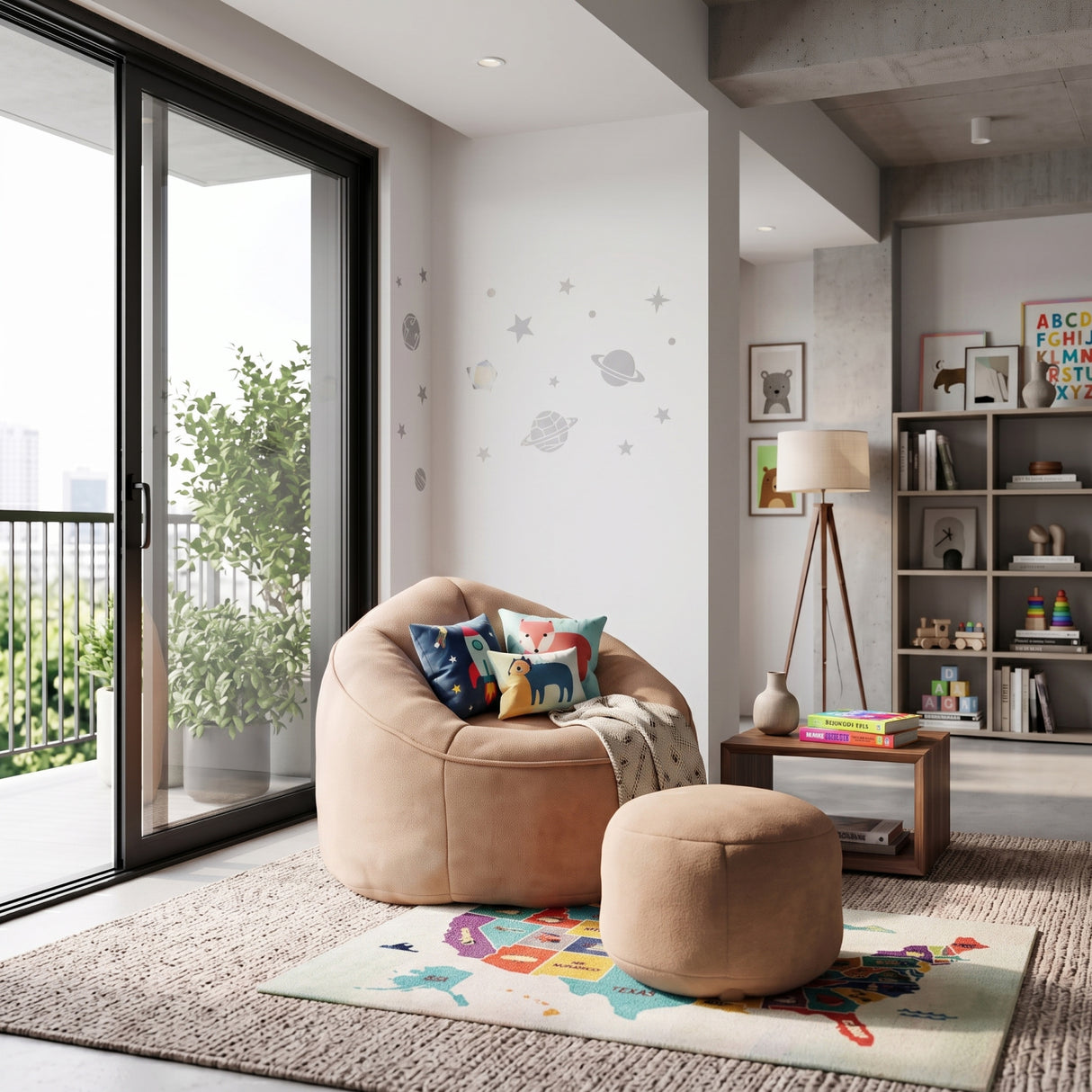 Tan Bean Bag Sofa Chair with Footrest | OROA Kids