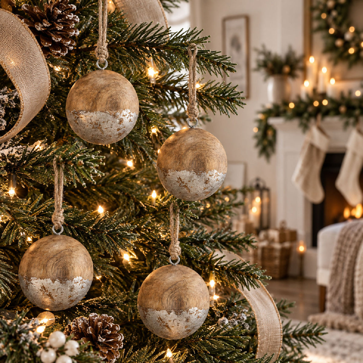 Wood Decorative Hanging Ball Christmas Tree Ornaments (4) | OROA