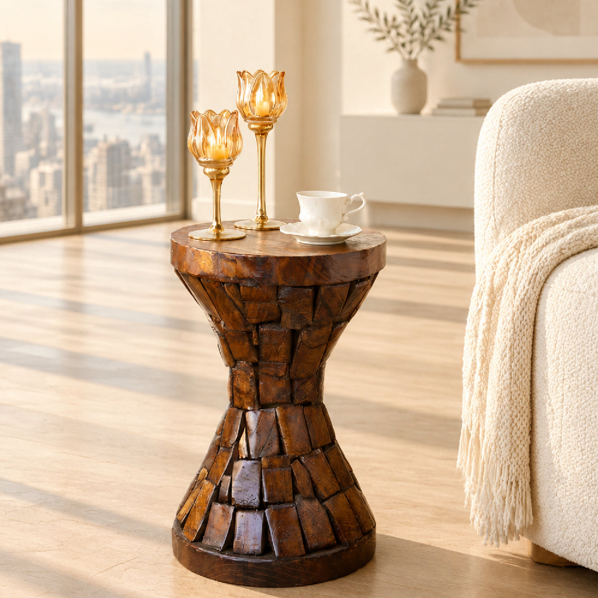 Modern European furniture - Brown Paulownia Wood Hourglass Side Table - www.oroa.com