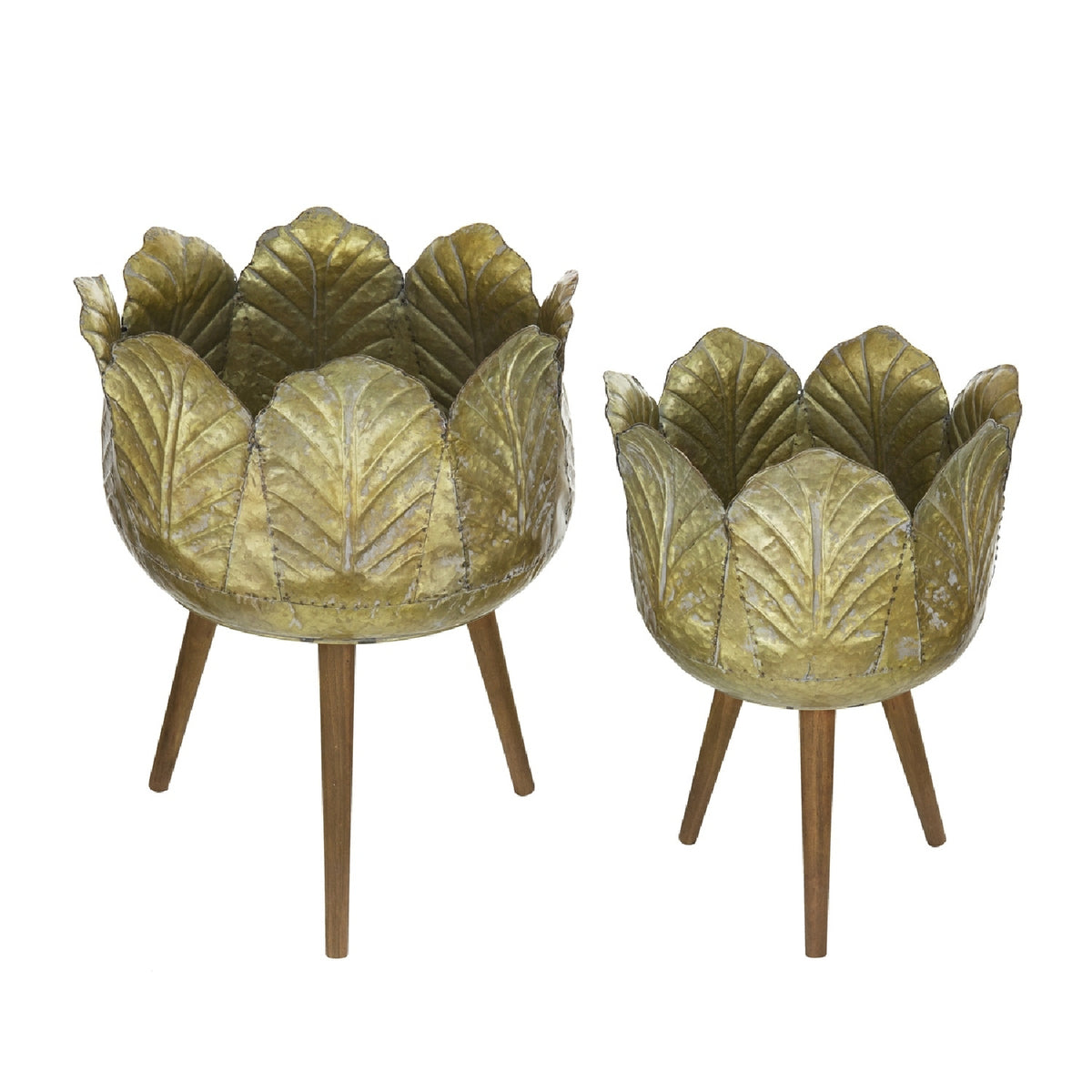 Metal Planter With Wood Legs Stand Set (2) | OROA
