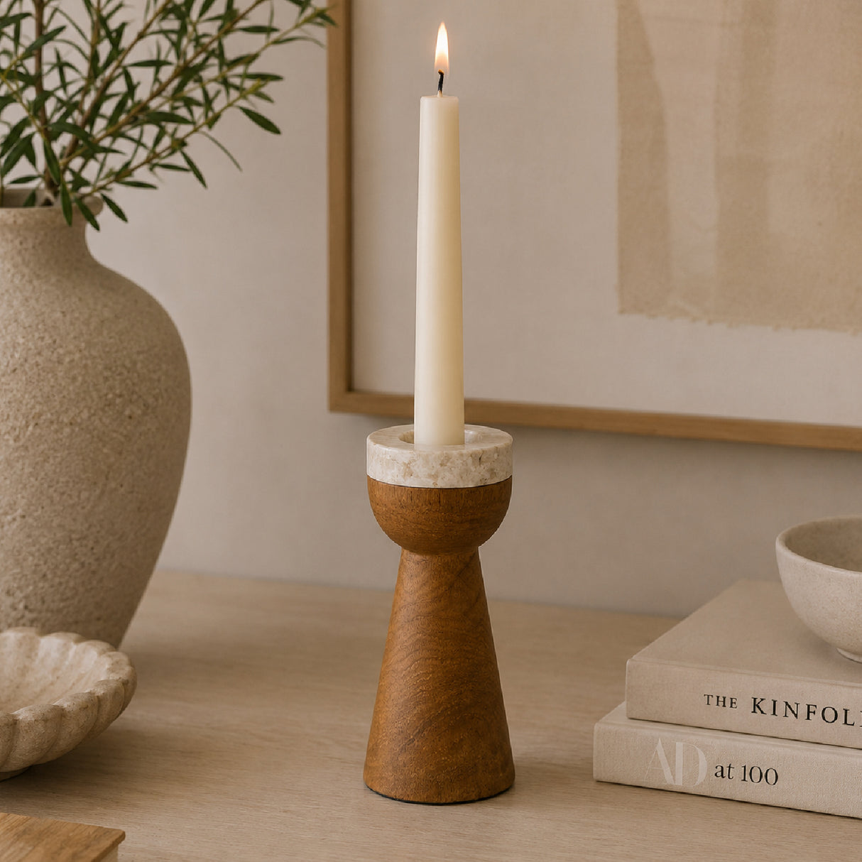 Teak Wood and Marble Tapered Candle Holder - S | OROA