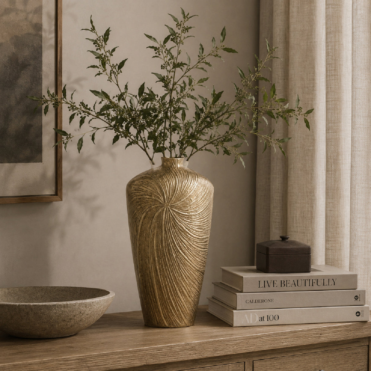 Tapered Aluminum Vase with Gold Swirling Design | OROA
