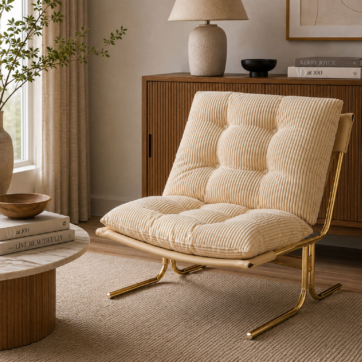 Modern Cream Upholstered Metal Frame Accent Chair | OROA