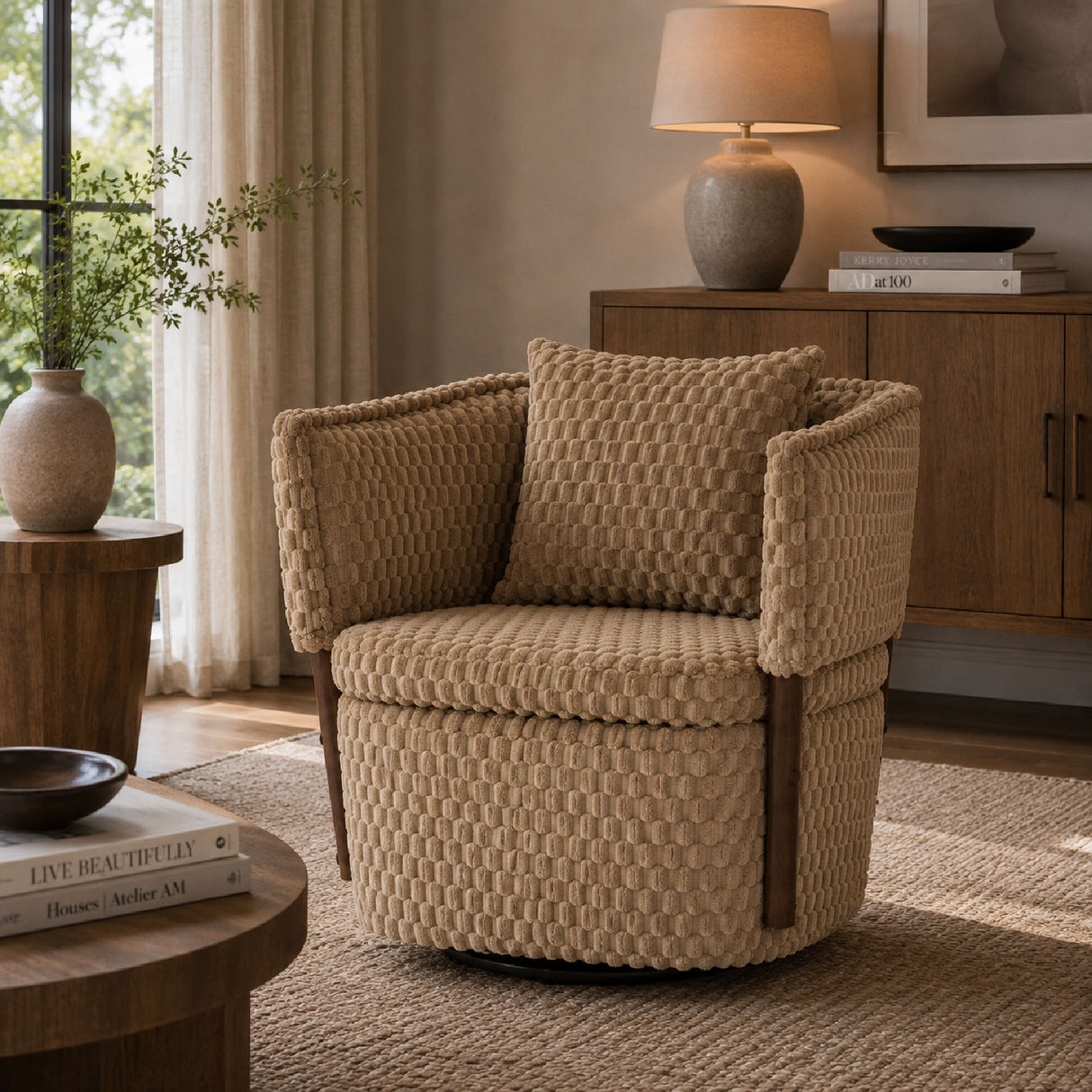 Brown Mid-Century Upholstered Swivel Chair | OROA