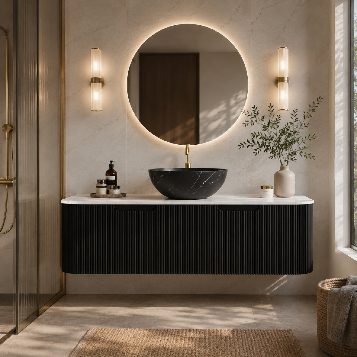 48" Matte Black Floating Bathroom Vanity with Stone Top | OROA