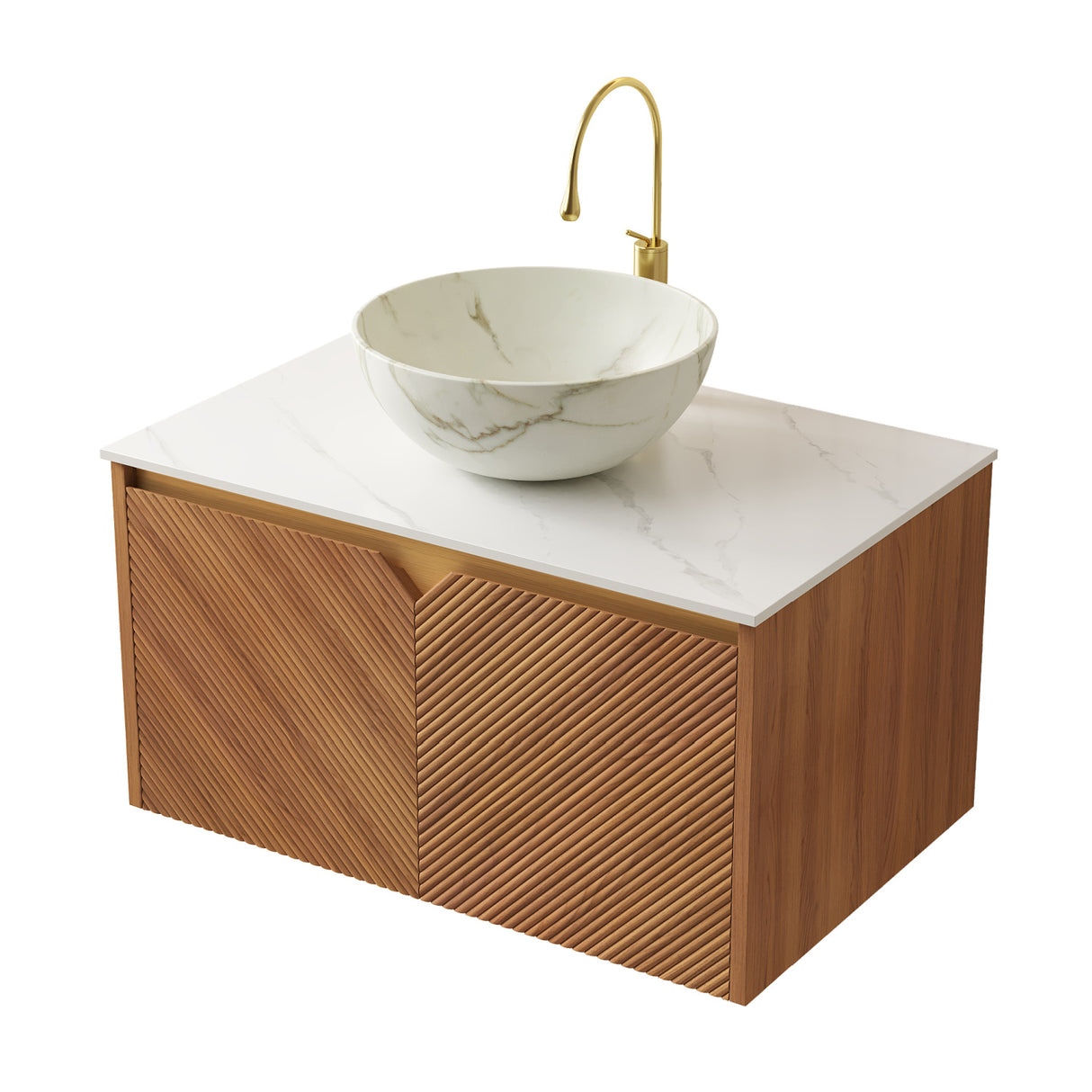Modern Floating Brown Oak Bathroom Vanity with Sink | OROA