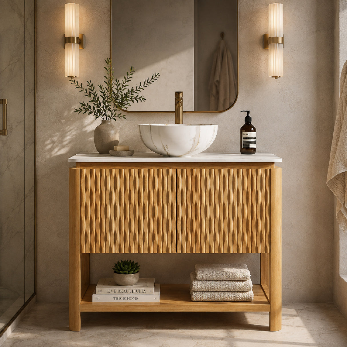 36" Natural Wood Bathroom Vanity with Vessel Sink | OROA