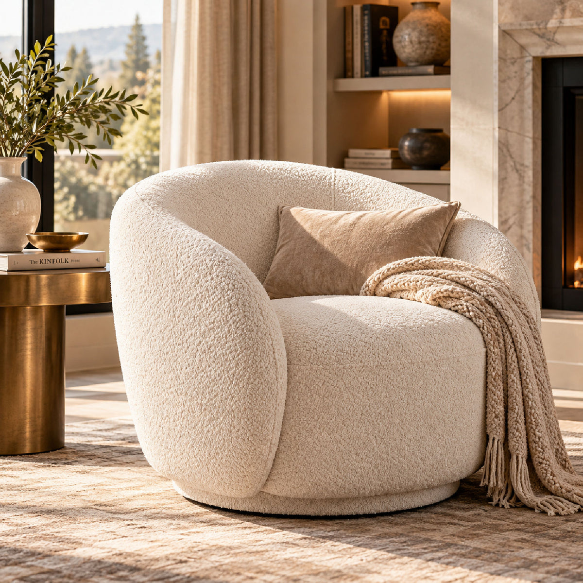 White Boucle Upholstered Swivel Barrel Accent Chair | OROA