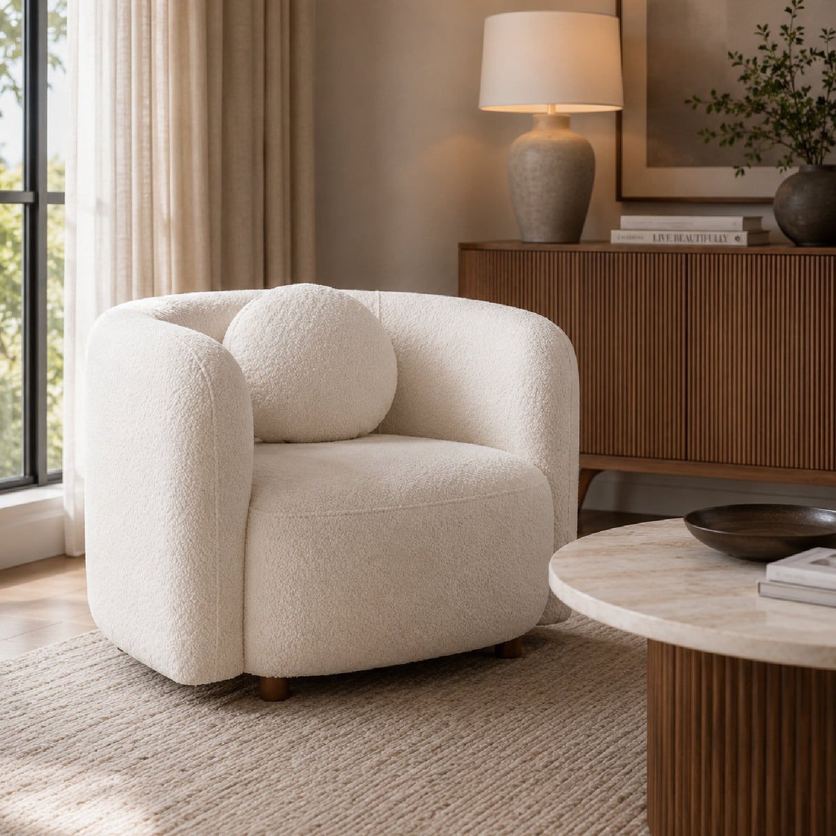 White Boucle Upholstered Barrel Chair | OROA
