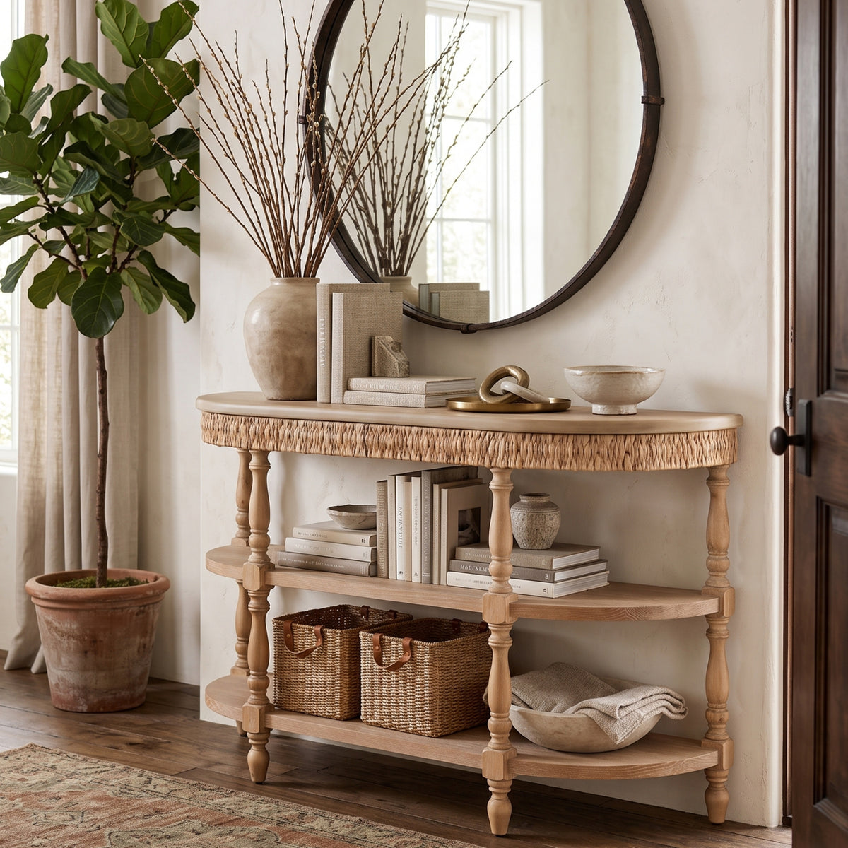Modern European furniture - Handcrafted Wood Console Table with Woven Trim - www.oroa.com