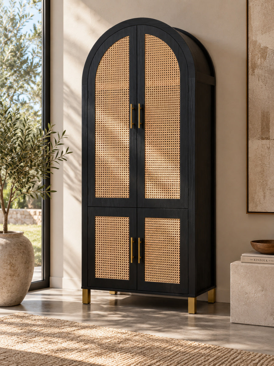 Black Arched Cabinet with Rattan Doors | Maison Naturelle