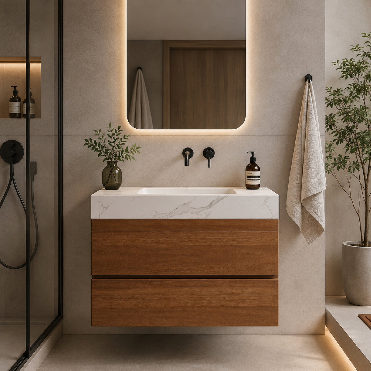 Modern European furniture - 30" Modern Floating Bathroom Vanity with Faux Marble Top - www.oroa.com
