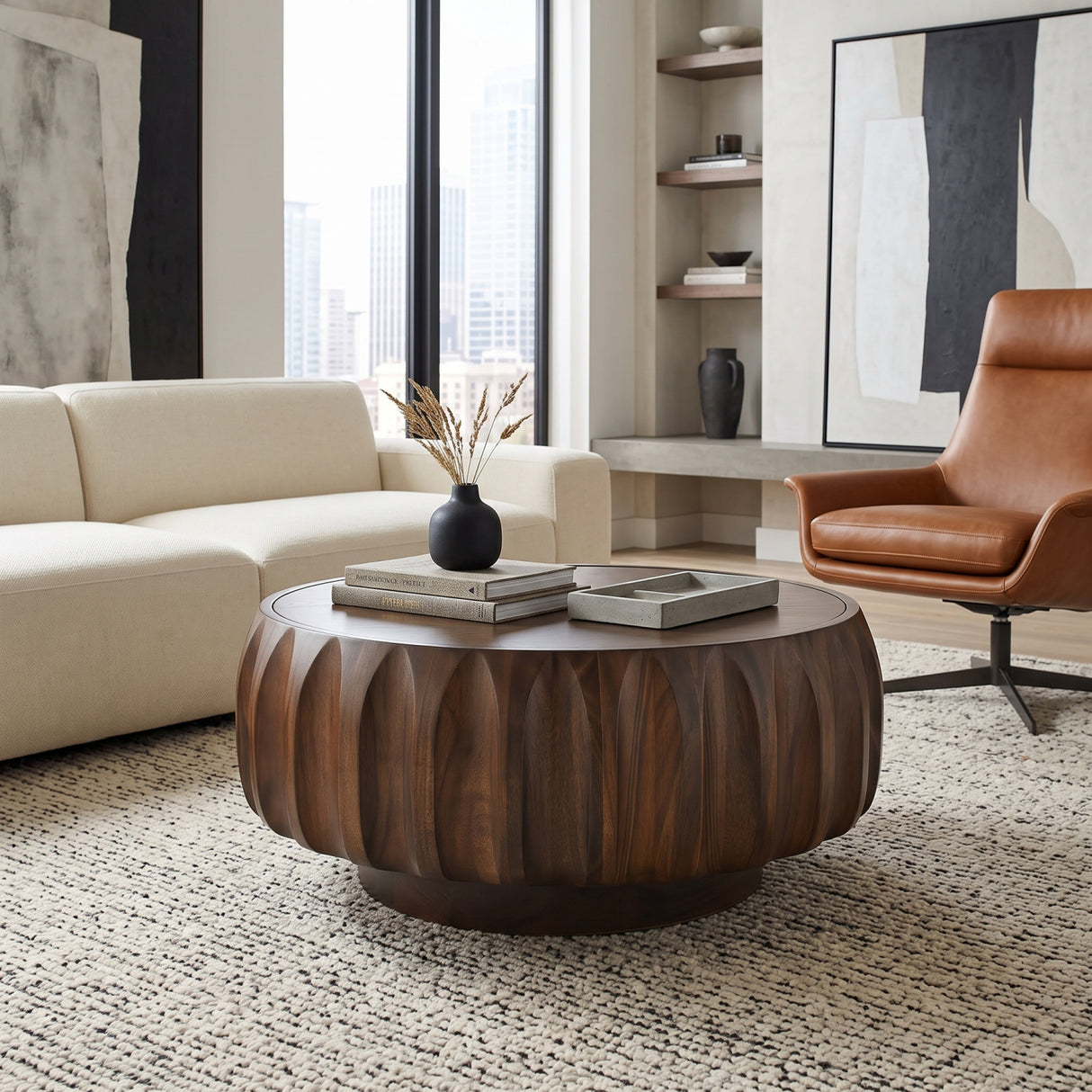 Round Coffee Table with Solid Wood Carved Frame | OROA