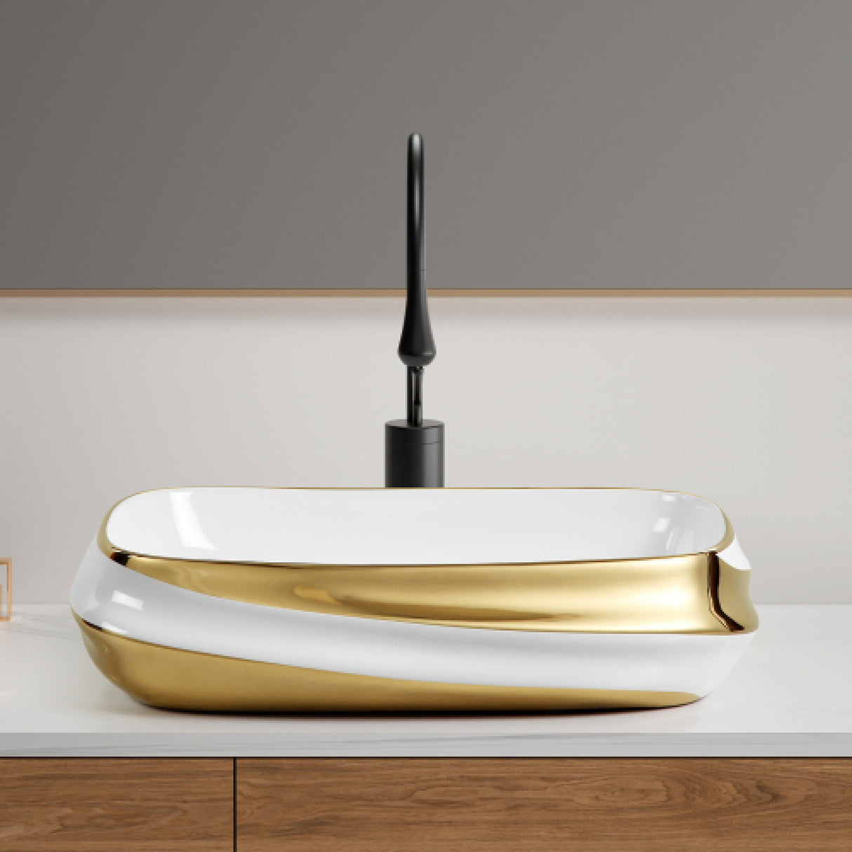 White Gold-Rimmed Ceramic Vessel Sink | OROA