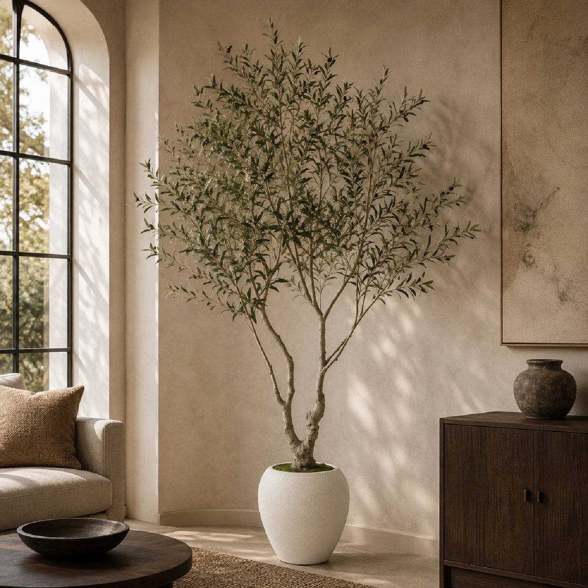 Modern European furniture - 8' Lifelike Olive Tree in White Planter - www.oroa.com