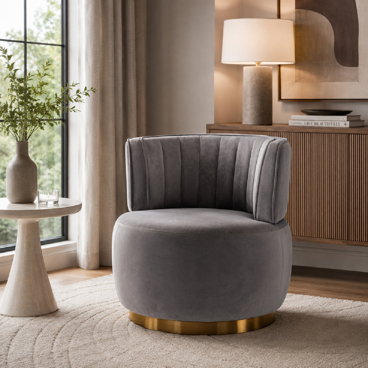 Gray Fluffy Velvet Swivel Barrel Chair | OROA